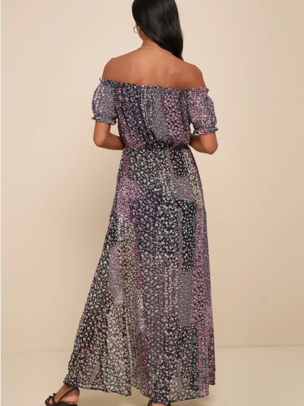 Lulus Neva Navy Blue Floral Print Off-the-shoulder Maxi Dress - Size L - Picture 5 of 14